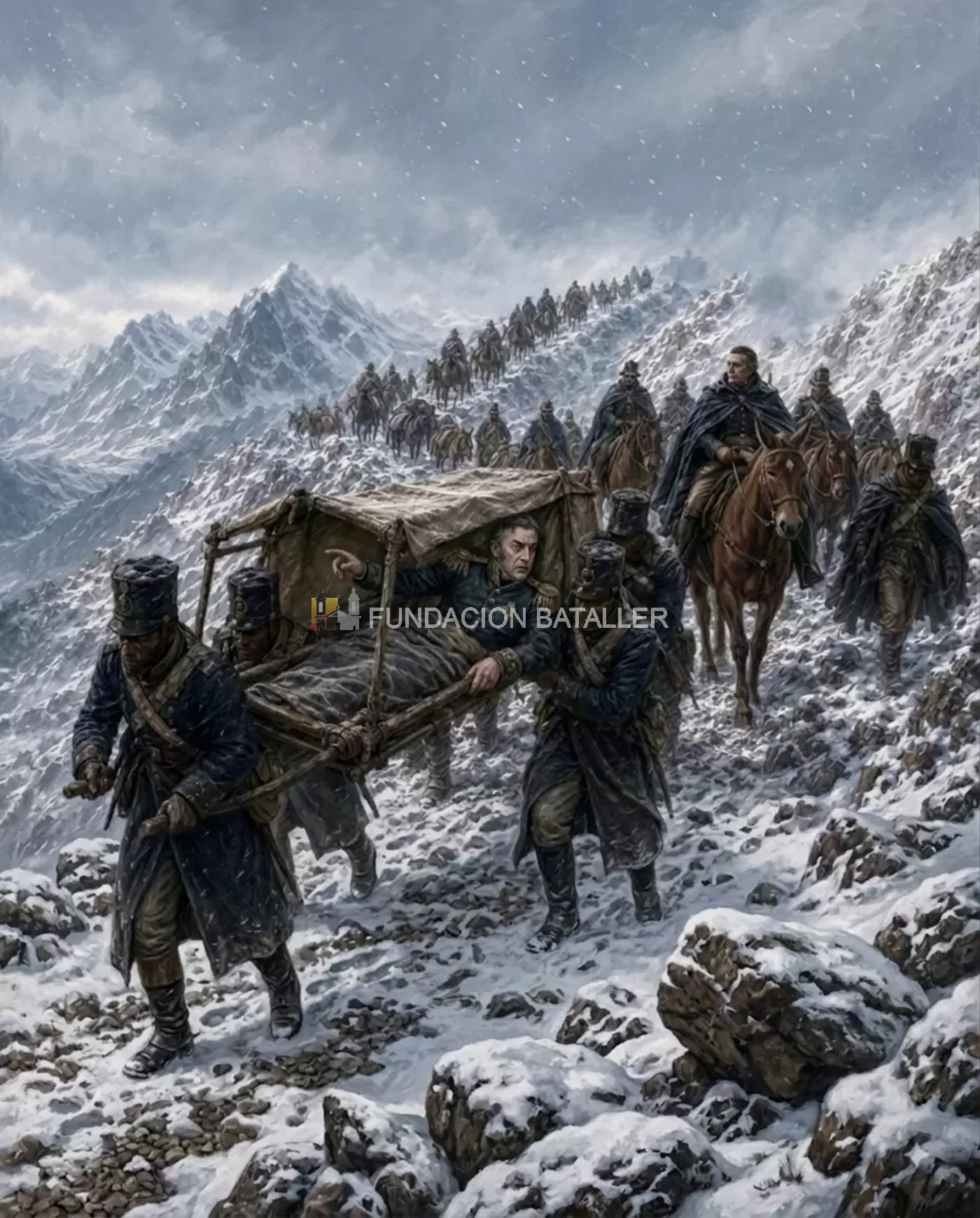 El general San Martín es trasladado enfermo durante el cruce de los Andes.