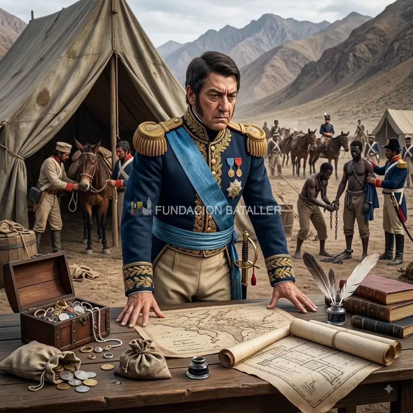 En general San Martín frente a él los planos para cruzar los Andes.