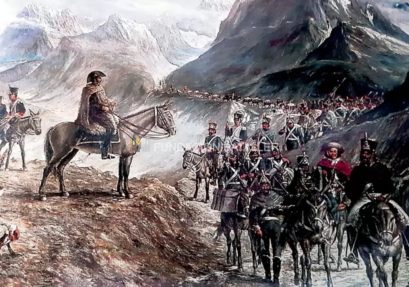 Las columnas de granaderos durante el cruce de los Andes, es observada por el general San Martín
