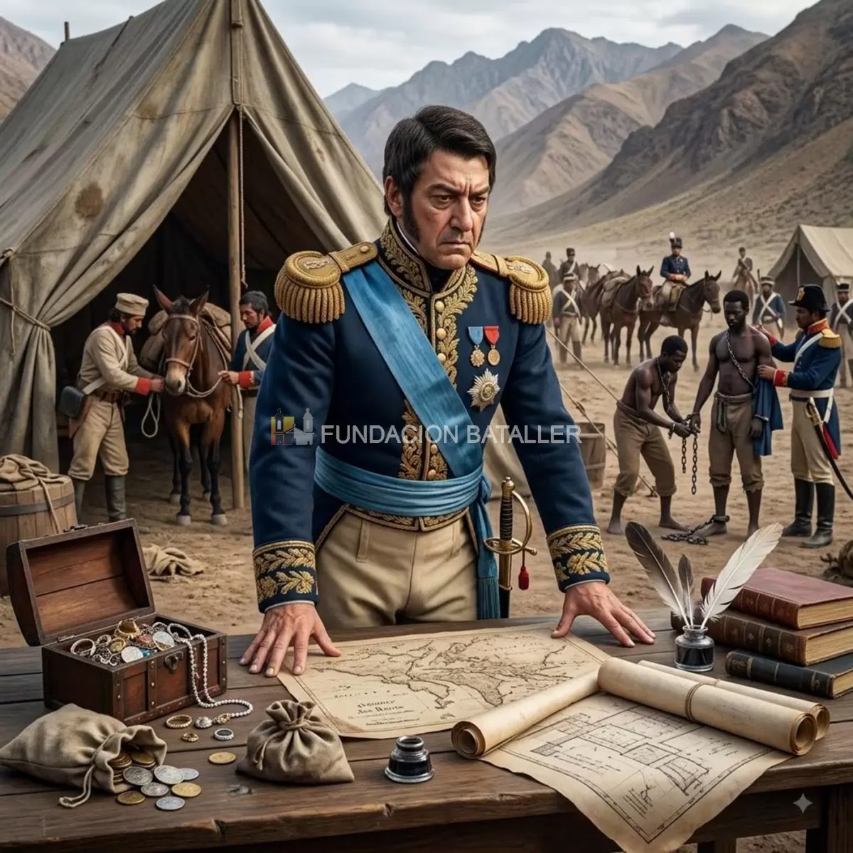 En general San Martín frente a él los planos para cruzar los Andes.